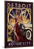 Detroit, Michigan - Deco Woman and Car-Lantern Press-Framed Art Print