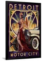 Detroit, Michigan - Deco Woman and Car-Lantern Press-Framed Art Print