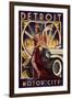 Detroit, Michigan - Deco Woman and Car-Lantern Press-Framed Art Print