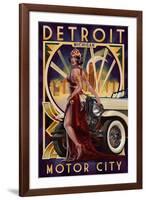 Detroit, Michigan - Deco Woman and Car-Lantern Press-Framed Art Print