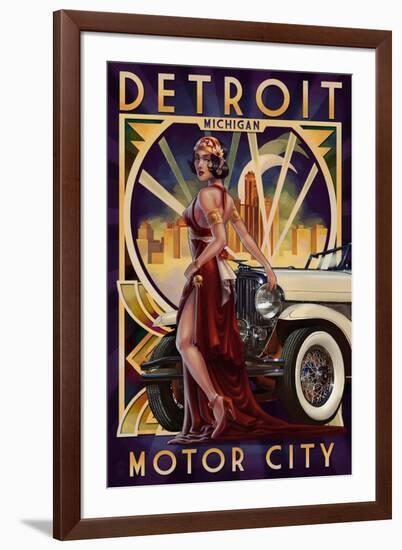 Detroit, Michigan - Deco Woman and Car-Lantern Press-Framed Art Print