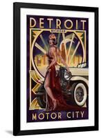 Detroit, Michigan - Deco Woman and Car-Lantern Press-Framed Art Print