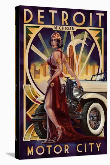 Detroit, Michigan - Deco Woman and Car-Lantern Press-Stretched Canvas