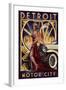 Detroit, Michigan - Deco Woman and Car-Lantern Press-Framed Art Print