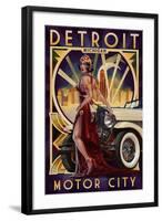 Detroit, Michigan - Deco Woman and Car-Lantern Press-Framed Art Print