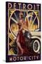 Detroit, Michigan - Deco Woman and Car-Lantern Press-Stretched Canvas