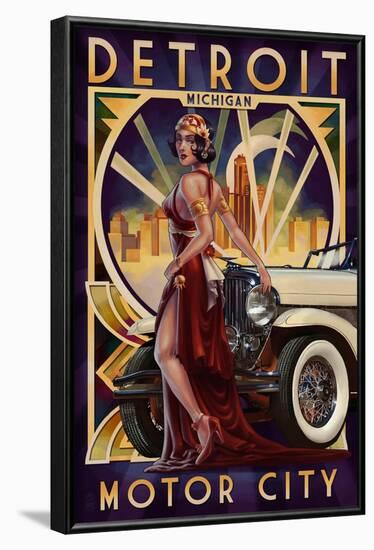 Detroit, Michigan - Deco Woman and Car-Lantern Press-Framed Art Print