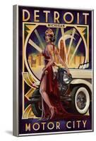 Detroit, Michigan - Deco Woman and Car-Lantern Press-Framed Art Print