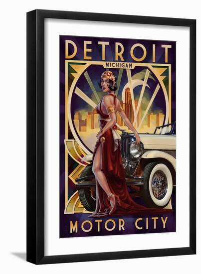 Detroit, Michigan - Deco Woman and Car-Lantern Press-Framed Art Print