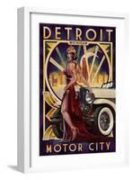 Detroit, Michigan - Deco Woman and Car-Lantern Press-Framed Art Print