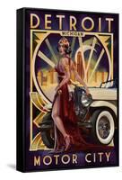 Detroit, Michigan - Deco Woman and Car-Lantern Press-Framed Stretched Canvas