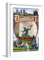 Detroit, Michigan - Montage Scenes-Lantern Press-Framed Art Print