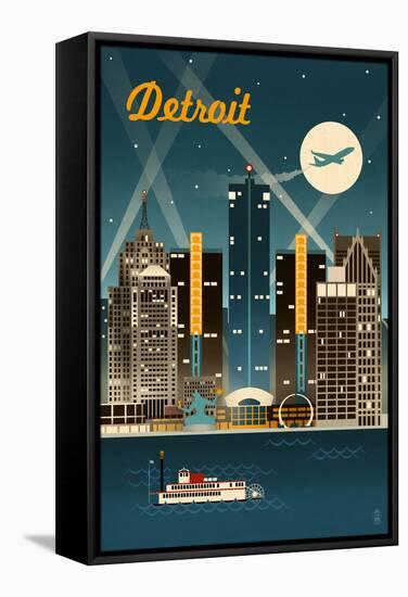 Detroit, Michigan - Retro Skyline-Lantern Press-Framed Stretched Canvas