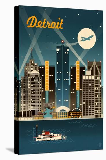 Detroit, Michigan - Retro Skyline-Lantern Press-Stretched Canvas