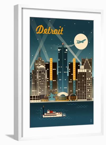 Detroit, Michigan - Retro Skyline-Lantern Press-Framed Art Print