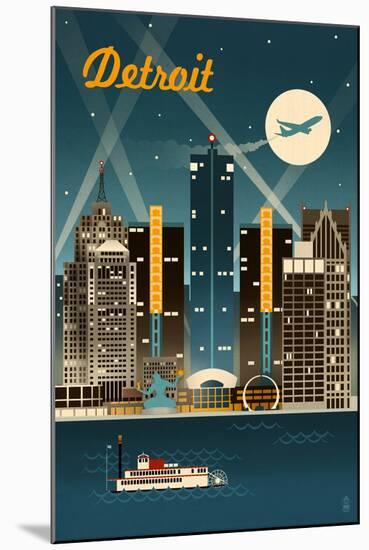 Detroit, Michigan - Retro Skyline-Lantern Press-Mounted Art Print