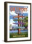 Detroit, Michigan - Sign Post-Lantern Press-Framed Art Print