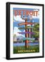 Detroit, Michigan - Sign Post-Lantern Press-Framed Art Print