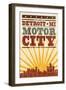 Detroit, Michigan - Skyline and Sunburst Screenprint Style-Lantern Press-Framed Art Print