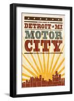 Detroit, Michigan - Skyline and Sunburst Screenprint Style-Lantern Press-Framed Art Print