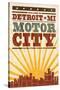 Detroit, Michigan - Skyline and Sunburst Screenprint Style-Lantern Press-Stretched Canvas