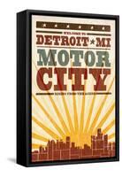 Detroit, Michigan - Skyline and Sunburst Screenprint Style-Lantern Press-Framed Stretched Canvas