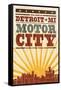 Detroit, Michigan - Skyline and Sunburst Screenprint Style-Lantern Press-Framed Stretched Canvas