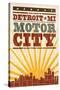 Detroit, Michigan - Skyline and Sunburst Screenprint Style-Lantern Press-Stretched Canvas