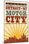 Detroit, Michigan - Skyline and Sunburst Screenprint Style-Lantern Press-Mounted Art Print