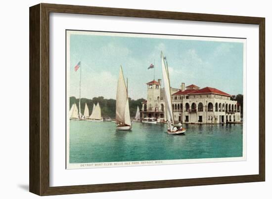 Detroit, Michigan, View of Belle Isle Park, Boat Club, Several Sailboats on the Water-Lantern Press-Framed Art Print