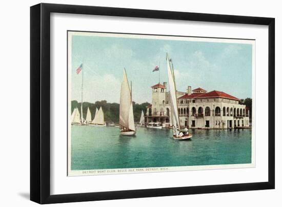 Detroit, Michigan, View of Belle Isle Park, Boat Club, Several Sailboats on the Water-Lantern Press-Framed Art Print