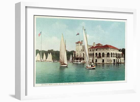 Detroit, Michigan, View of Belle Isle Park, Boat Club, Several Sailboats on the Water-Lantern Press-Framed Art Print