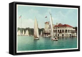 Detroit, Michigan, View of Belle Isle Park, Boat Club, Several Sailboats on the Water-Lantern Press-Framed Stretched Canvas