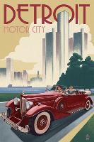 Detroit  Michigan - Vintage Car and Skyline-null-Framed Art Print