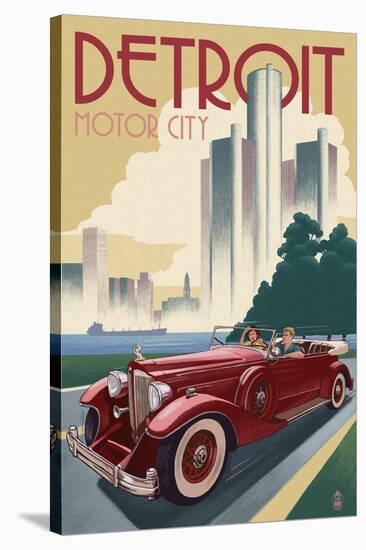 Detroit, Michigan - Vintage Car and Skyline-Lantern Press-Stretched Canvas