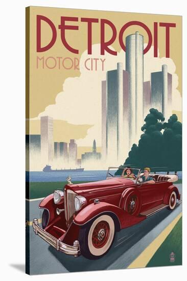 Detroit, Michigan - Vintage Car and Skyline-Lantern Press-Stretched Canvas