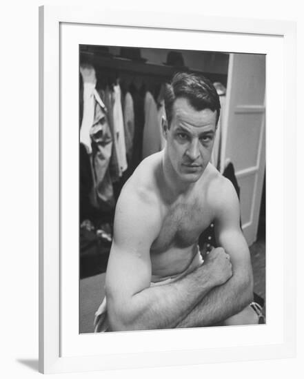 Detroit Red Wings Player Gordie Howe Sitting in the Dressing Room-null-Framed Premium Photographic Print