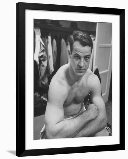 Detroit Red Wings Player Gordie Howe Sitting in the Dressing Room-null-Framed Premium Photographic Print