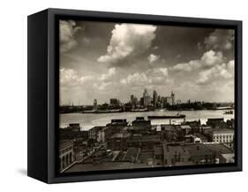 Detroit Skyline and Boats on the Detroit River as Seen from Windsor, Ontario, 1929-null-Framed Stretched Canvas