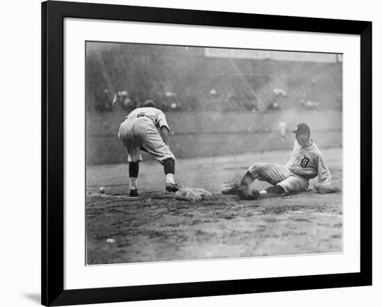 Detroit Tiger Playing Sliding into Third Base Baseball Photograph - Detroit, MI-Lantern Press-Framed Art Print