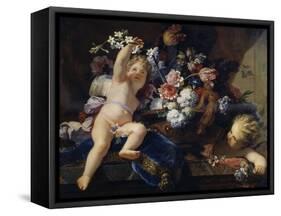 Deux enfants jouant avec des fleurs-Jean Jouvenet-Framed Stretched Canvas