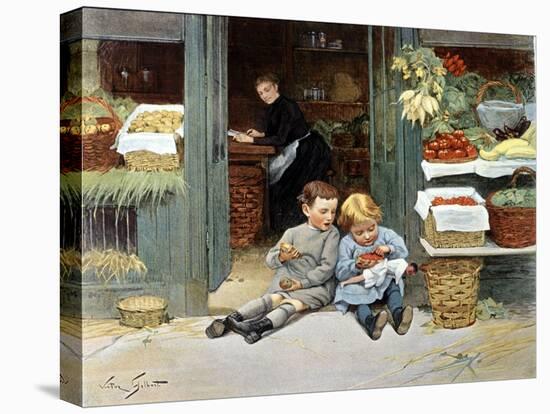 Deux Enfants Mangent Une Pomme Et Des Fraises. Illustration, 1894.-Victor Gabriel Gilbert-Stretched Canvas