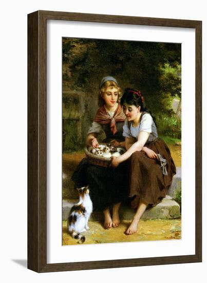 Deux Fillies Avec Un Panier De Chatons-Emile Munier-Framed Art Print