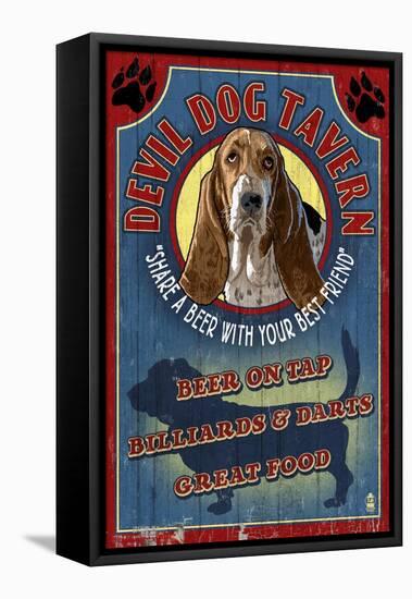 Devil Dog Tavern - Basset Hound-Lantern Press-Framed Stretched Canvas