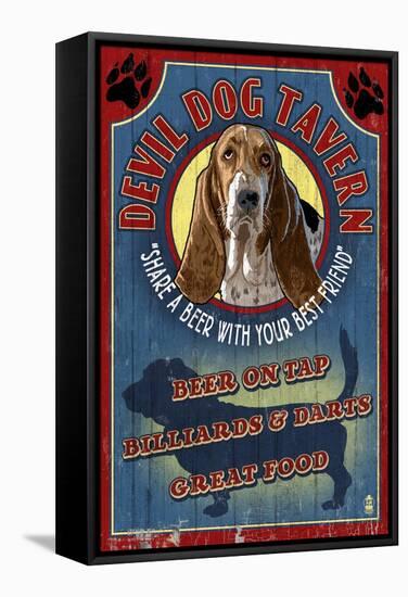 Devil Dog Tavern - Basset Hound-Lantern Press-Framed Stretched Canvas