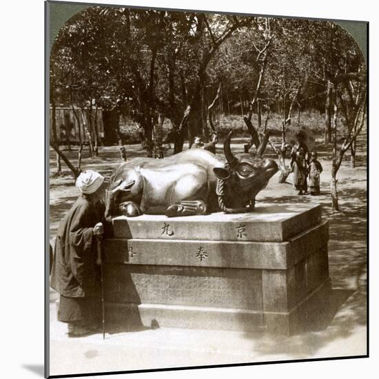 Devout Woman Stroking a Bronze Bull to Cure Rheumatism, Kitano Tenjin Temple, Kyoto, Japan, 1904-Underwood & Underwood-Mounted Photographic Print