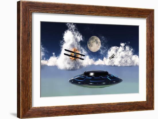 Dh 82 Tiger Moth Biplane's Attack a Flying Saucer-null-Framed Art Print