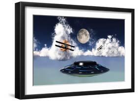 Dh 82 Tiger Moth Biplane's Attack a Flying Saucer-null-Framed Art Print