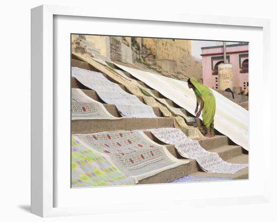 Dhobi Wallah Drying Laundry, Ghats, Varanasi, Uttar Pradesh, India, Asia-Wendy Connett-Framed Photographic Print