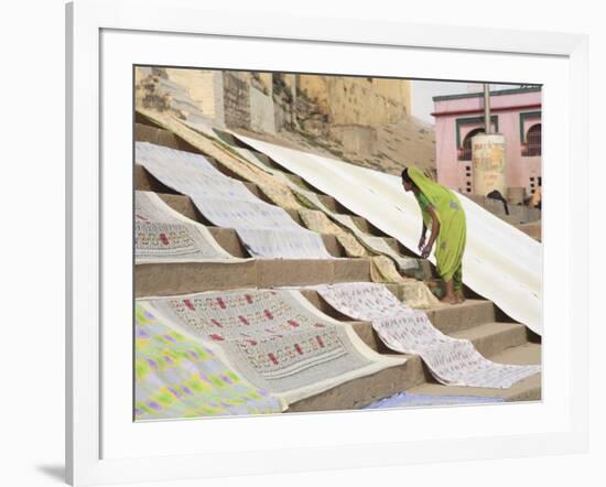 Dhobi Wallah Drying Laundry, Ghats, Varanasi, Uttar Pradesh, India, Asia-Wendy Connett-Framed Photographic Print